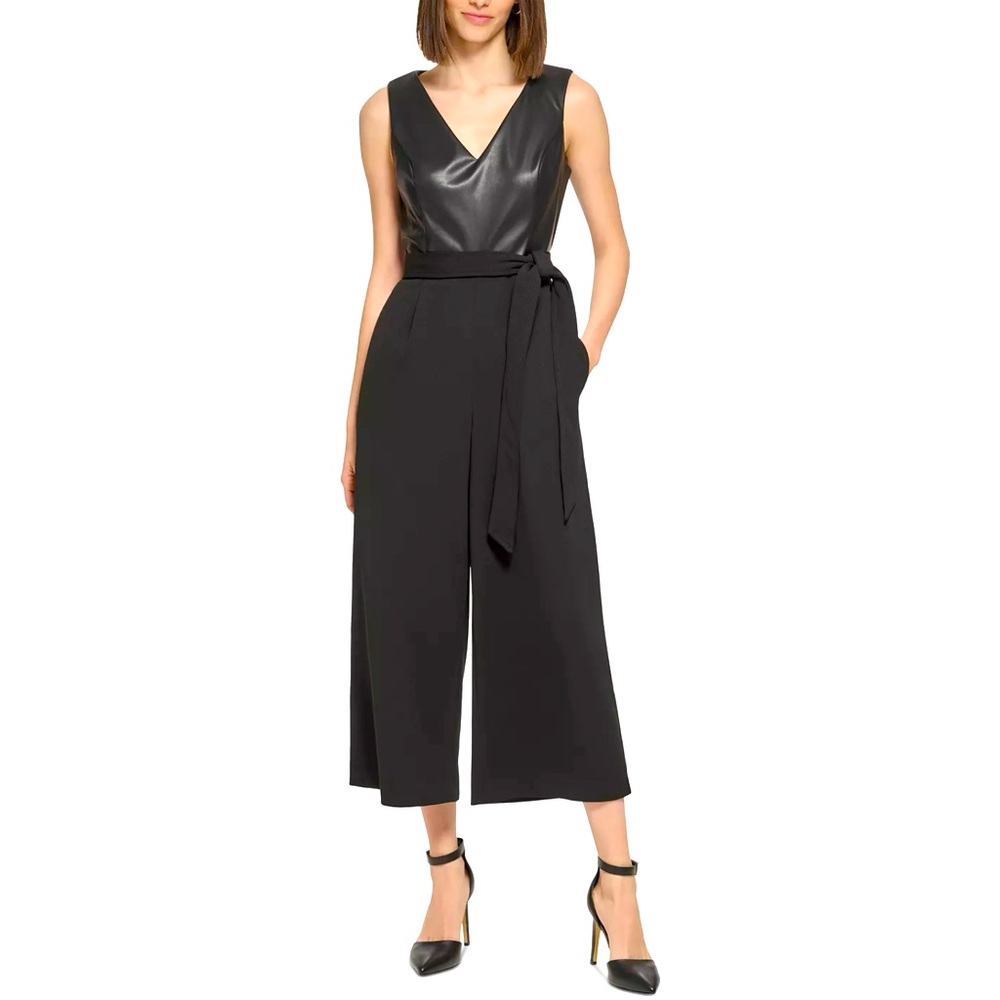Calvin Klein Faux Leather Bodice Belted V-Neck Sleeveless Cropped Jumpsuits, 8